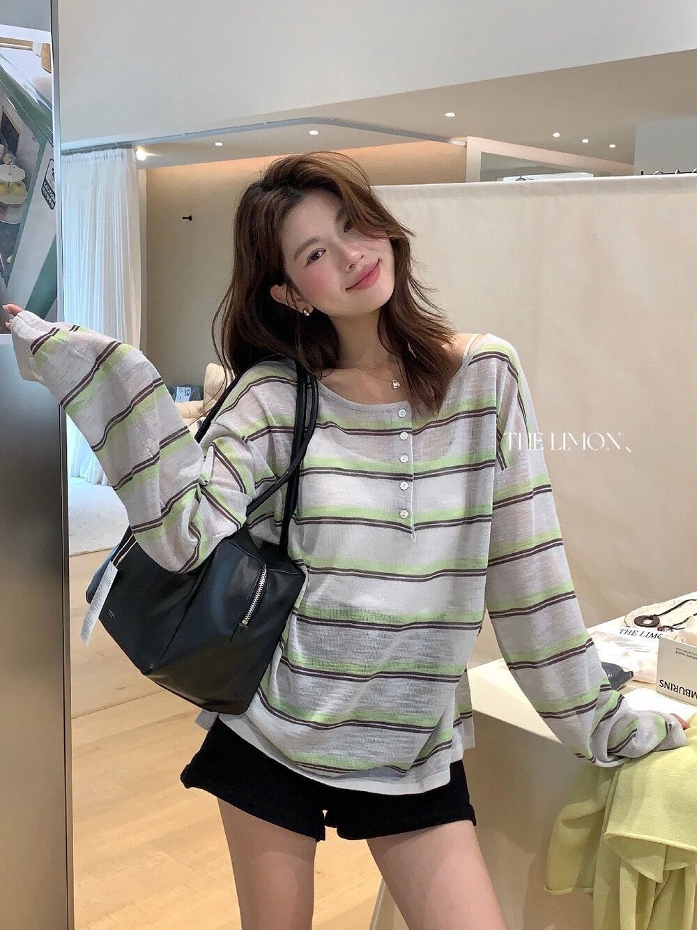 260411正版檸檬綠茶家時尚減齡撞色條紋防晒薄款針織衫