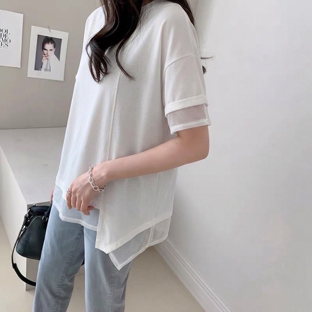 260614拼接網紗不規則下擺上衣
