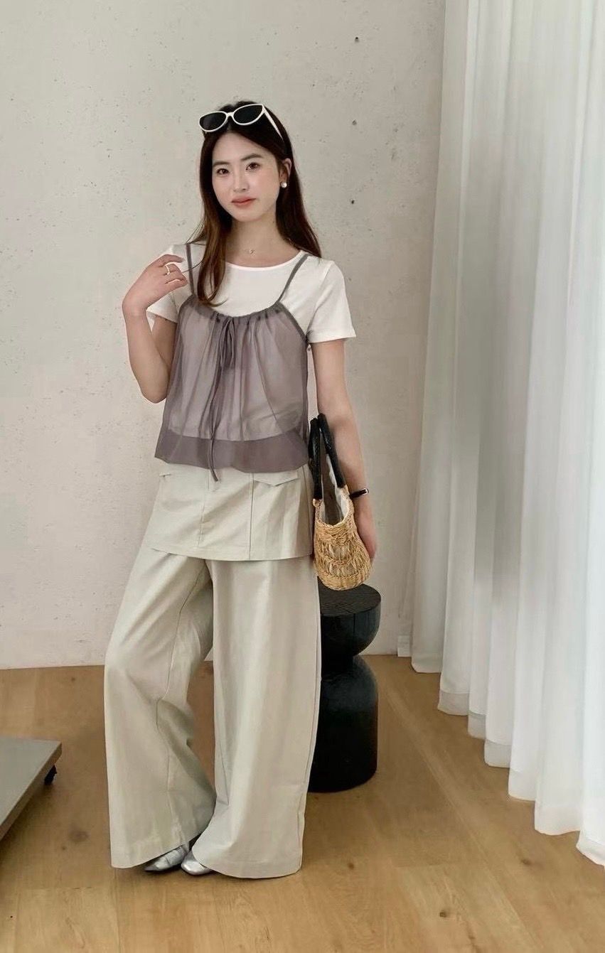 260620可調透膚吊帶假兩件上衣