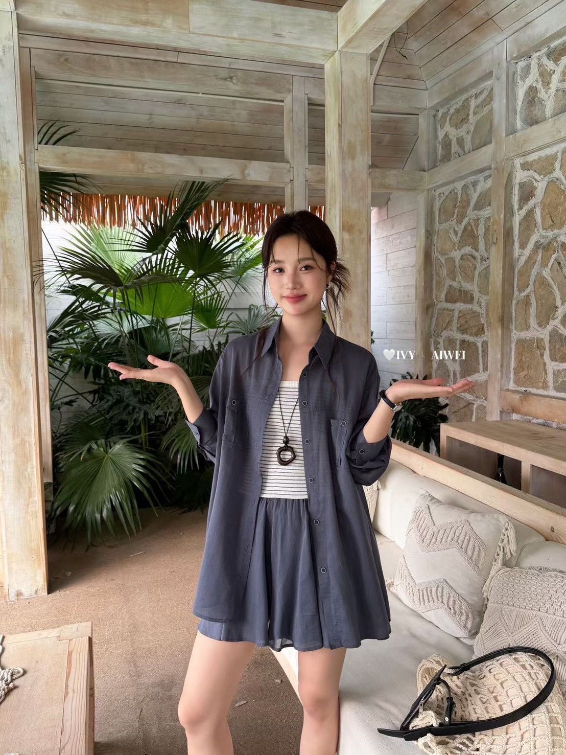 260623韓國休閒寬鬆防曬襯衫加鬆緊腰闊腿短褲套裝