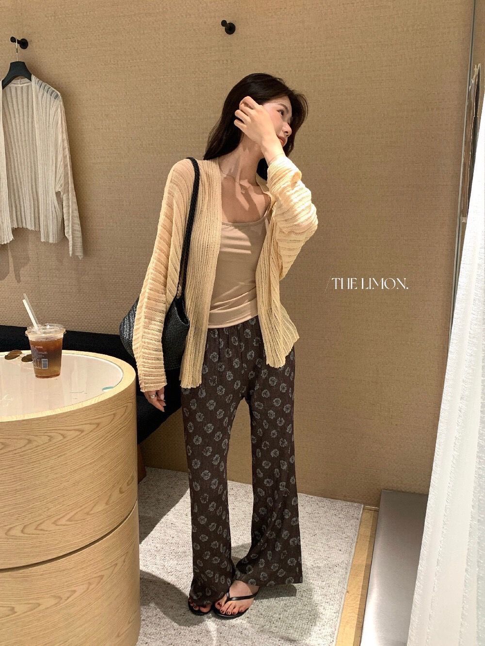 260625正版檸檬綠茶家小眾復古印花顯瘦微喇叭褲（含6%亞麻）