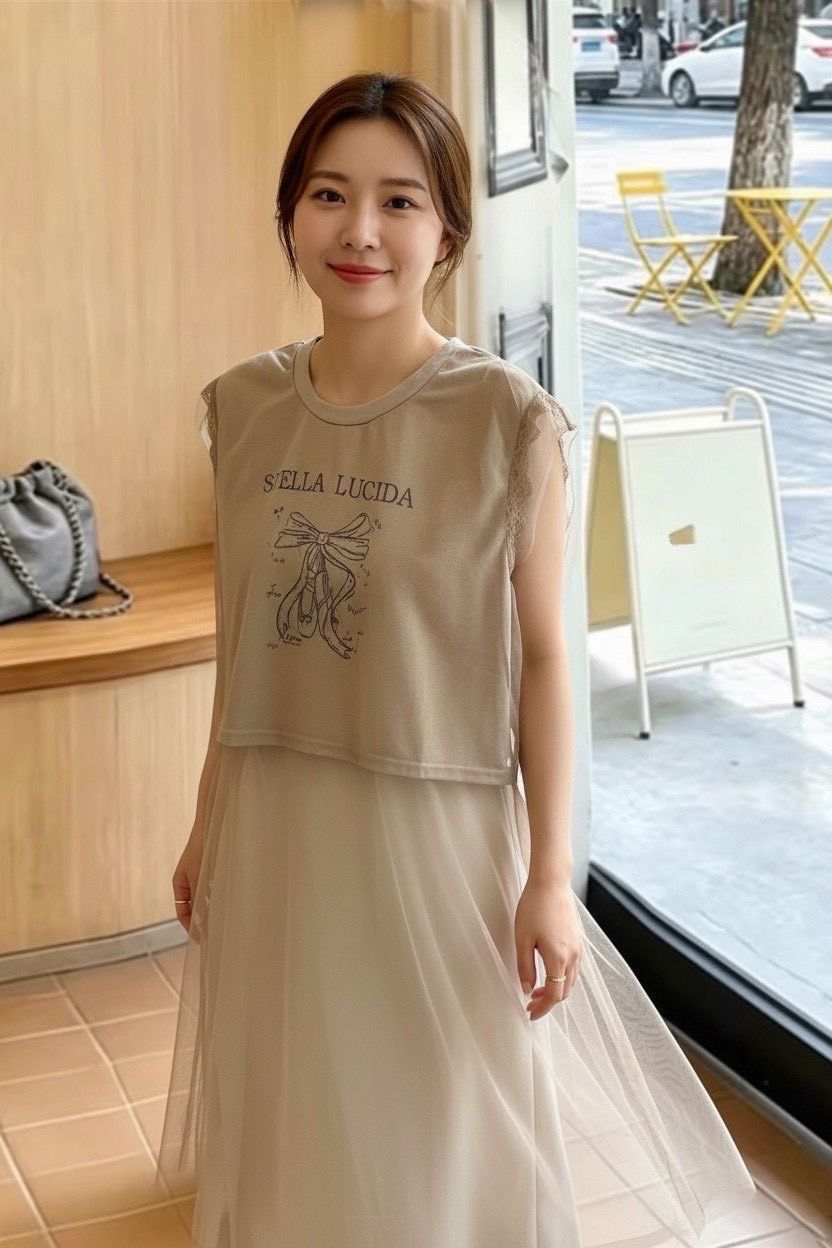 260702甜美字母蝴蝶結網紗假兩件上衣