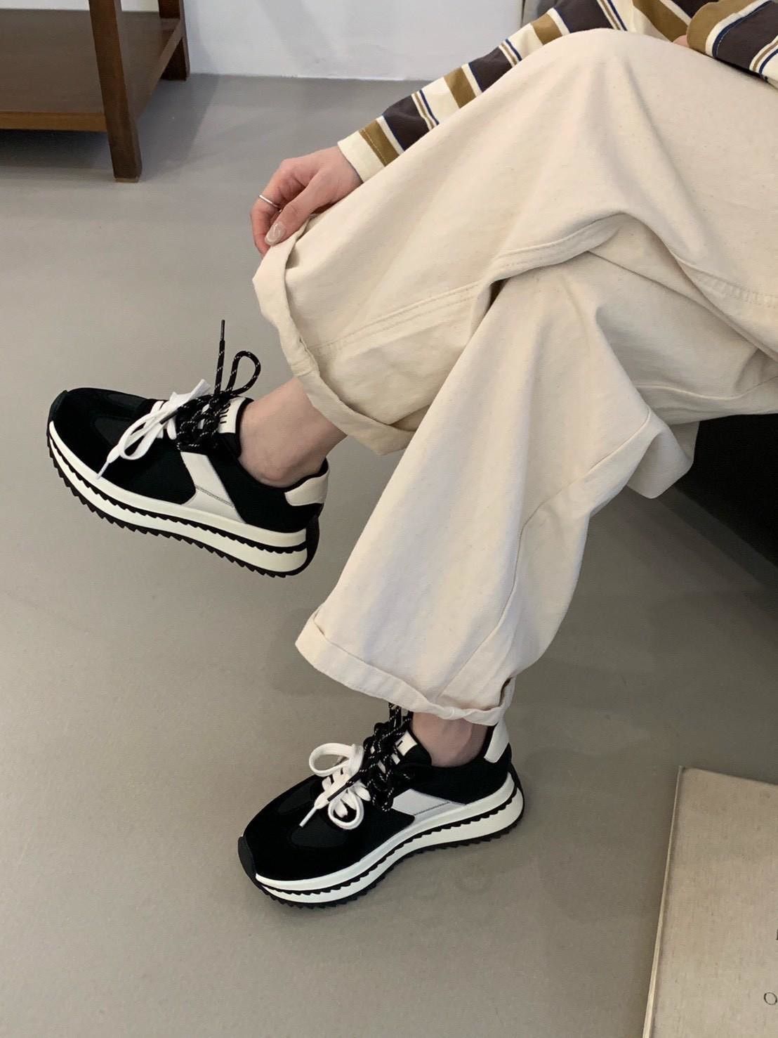 正韓東大門真皮雙鞋帶拼接美拉德厚底老爹鞋