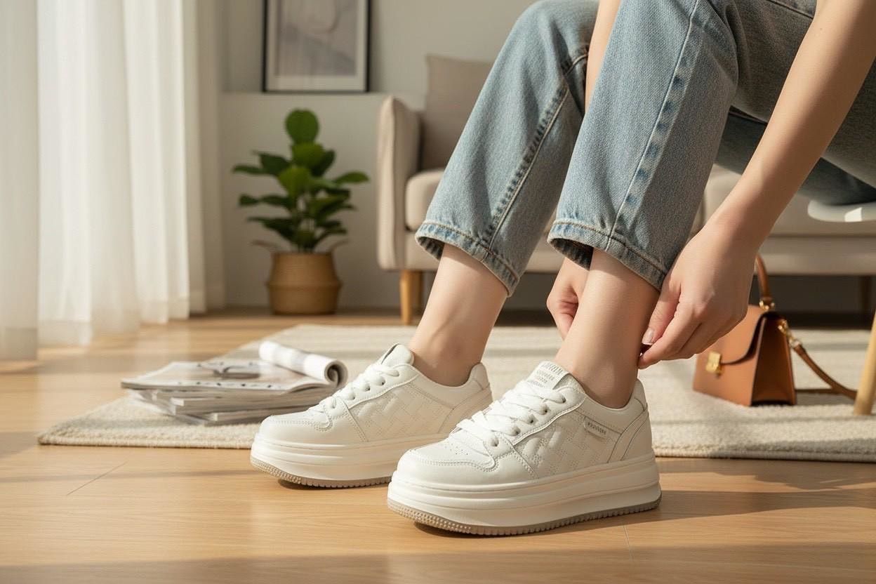 正韓立體菱格紋百搭軟Q厚底綁帶休閒鞋