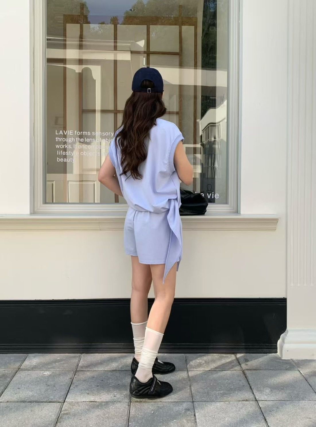 260313韓系字母印圖小標斜擺綁帶上衣加抽繩短褲套裝