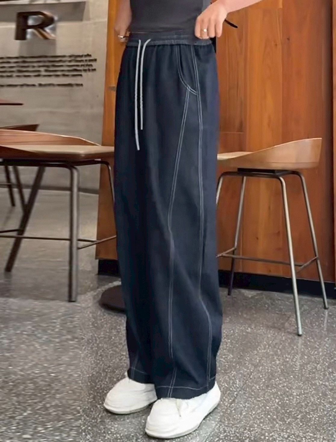 260313韓版配色褲頭抽繩特殊車線感天絲牛仔寬褲