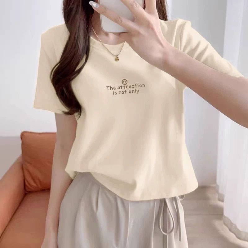 260313韓系小清新植絨笑臉字母印圖涼爽棉ㄒ恤