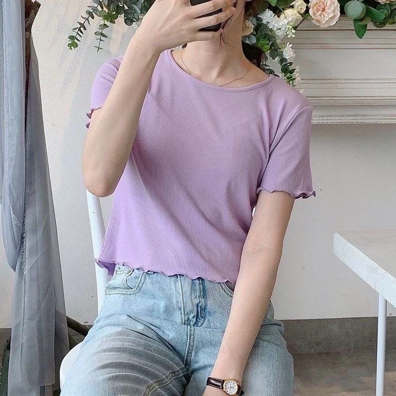 260313韓系可愛木耳邊圓領坑條上衣