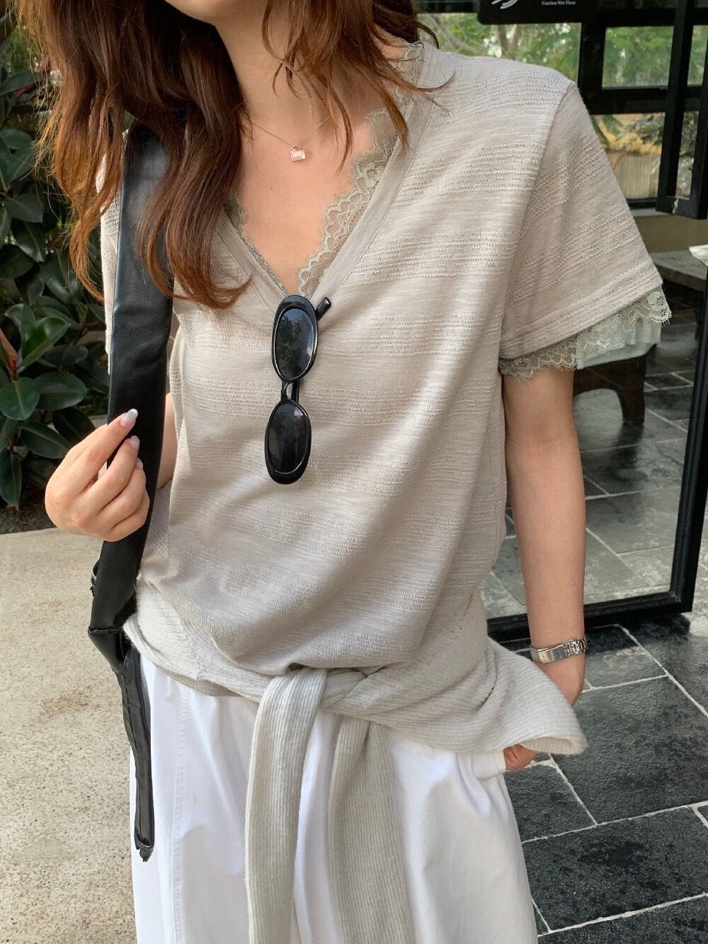 260314正版檸檬家絕美蕾絲拼接V領寬鬆ㄒ恤