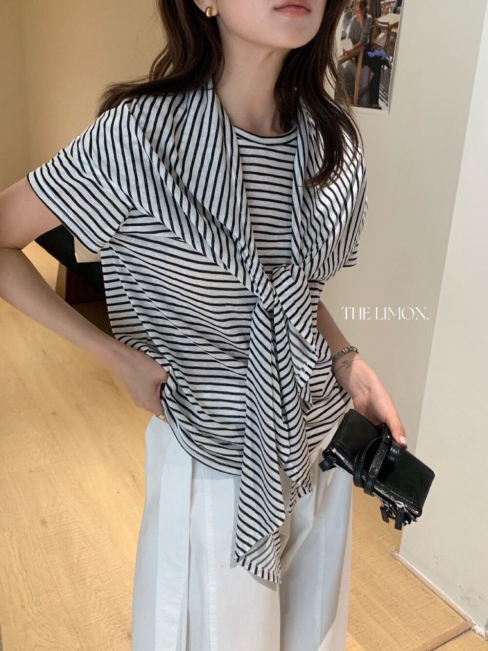 260320正版檸檬家鬆弛美學純色條紋萊賽爾寬鬆Tee (配披肩）