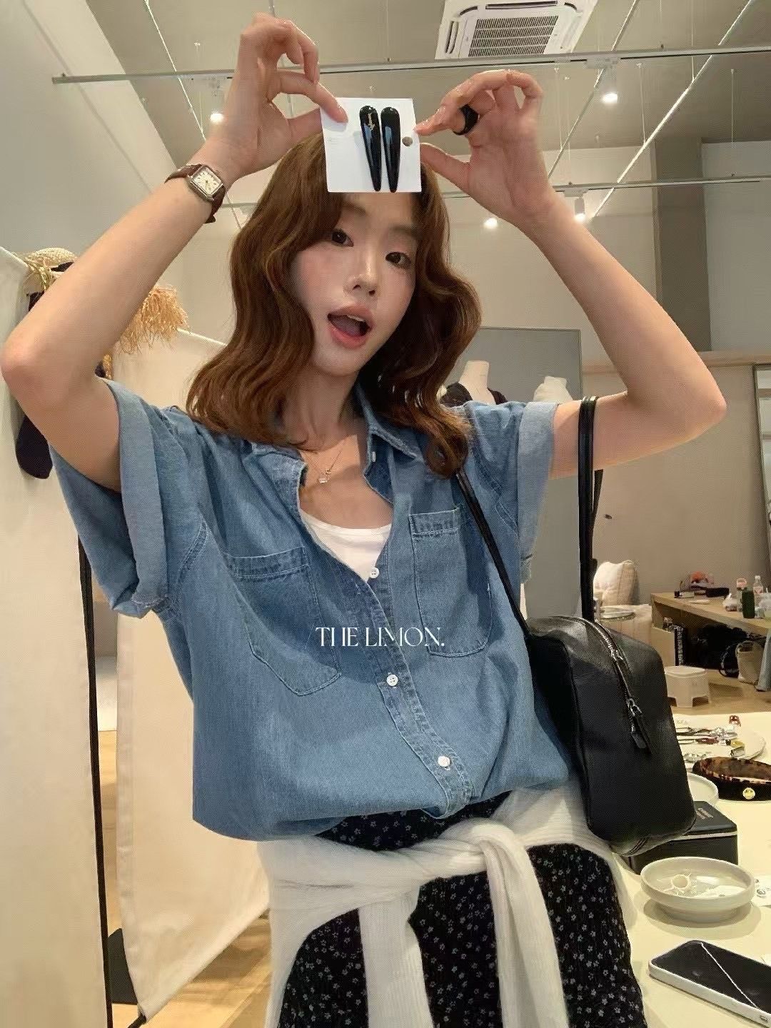 260321翻領口袋設計短袖牛仔襯衫