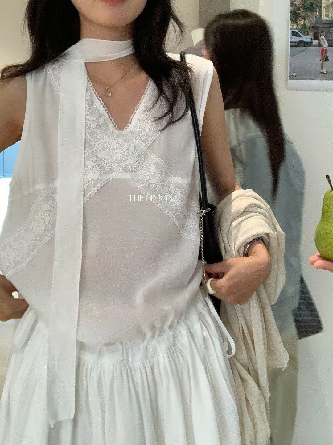 260417正版檸檬家純慾白蕾絲拼接綁帶洋裝上衣