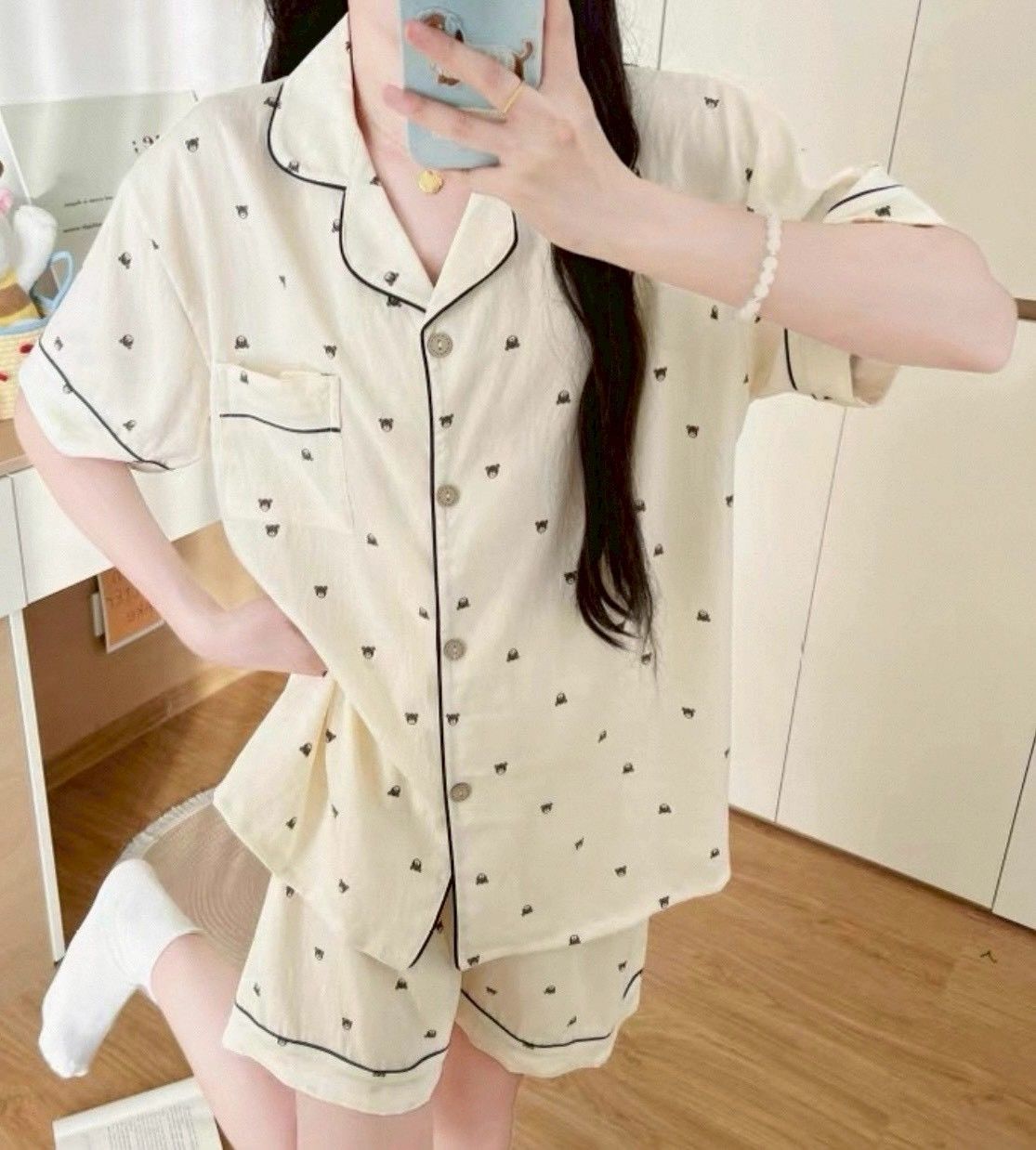 260423超舒服可愛小熊翻領上衣加短褲睡衣套裝
