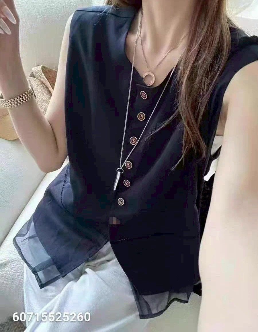 260506韓版下擺拼接網紗棉麻背心