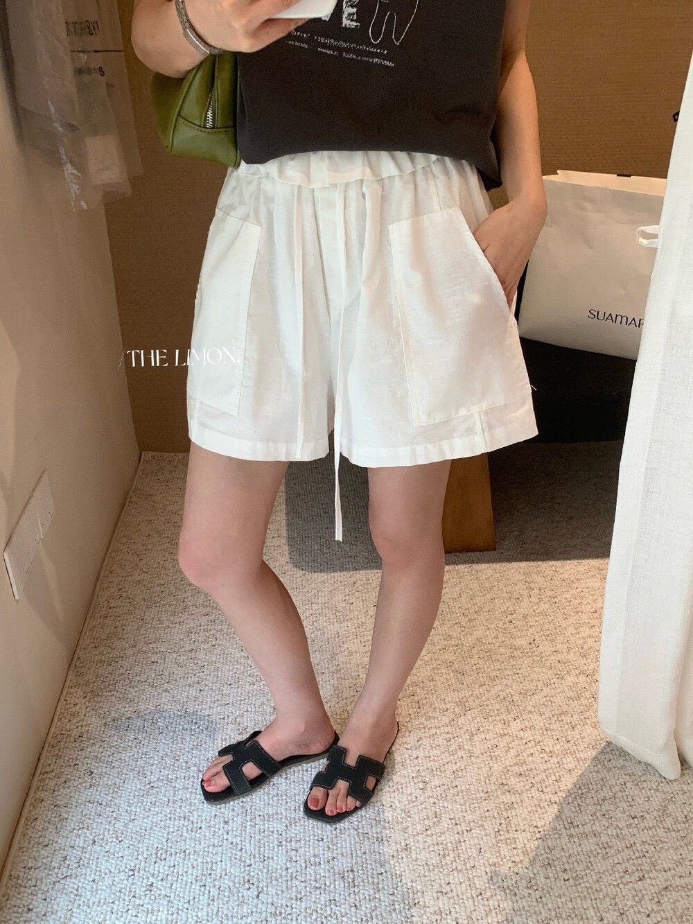 260525正版檸檬綠茶家遮肉顯腿長荷葉腰麻料A版顯瘦休閒短褲