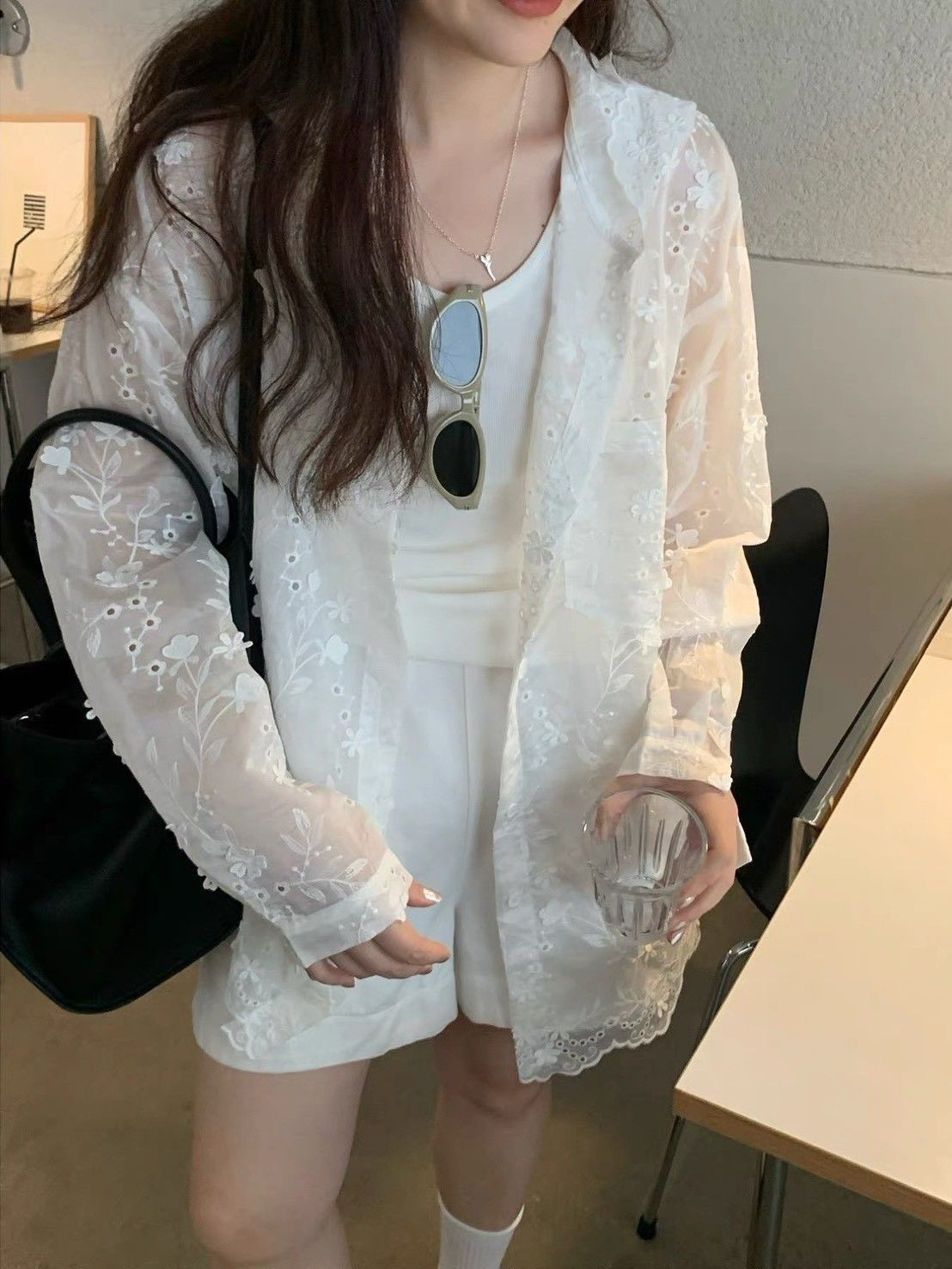 260525韓國法式蕾絲連帽刺繡緹花開衫薄外套防曬衫