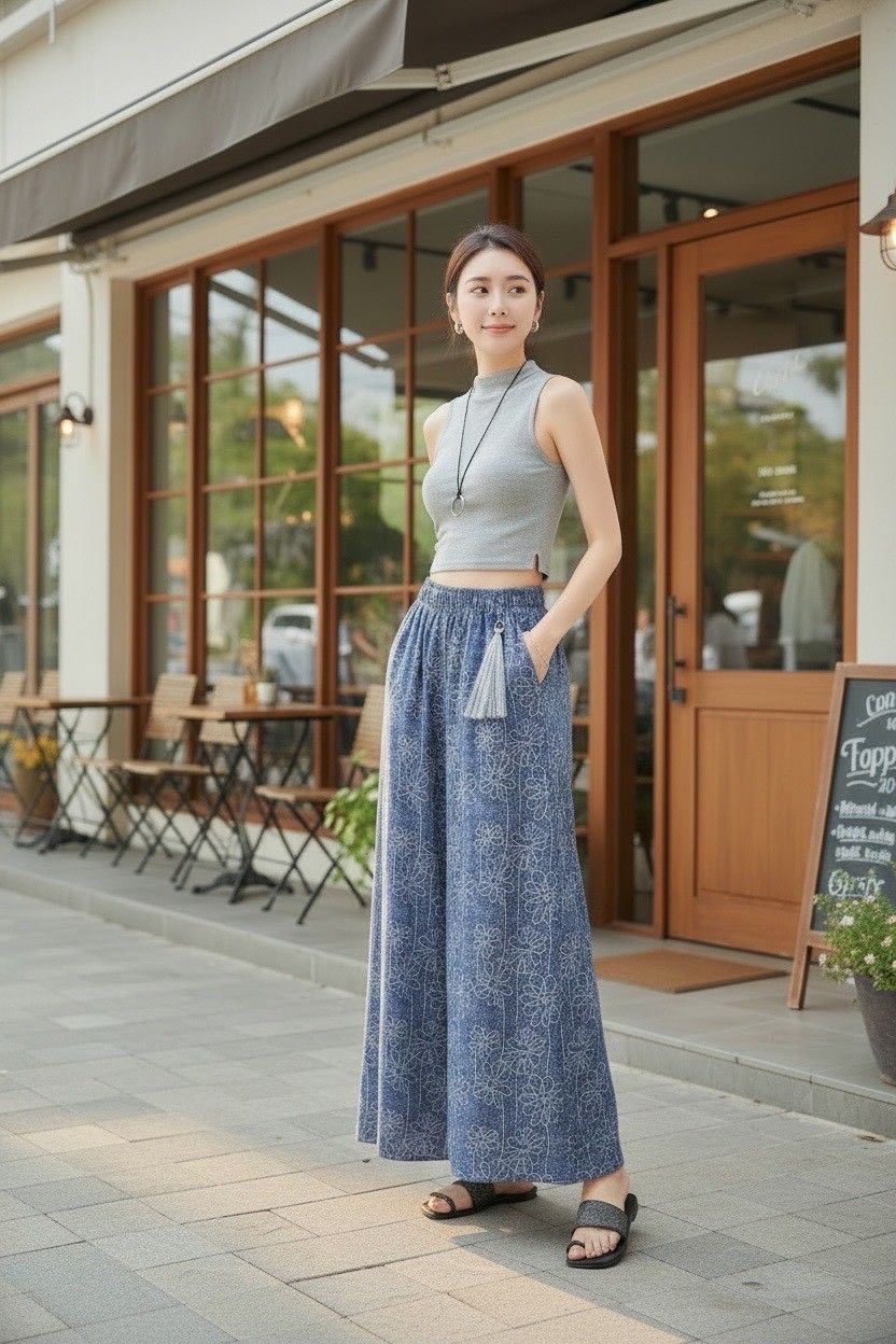 260603復古藍色花朵闊腿褲