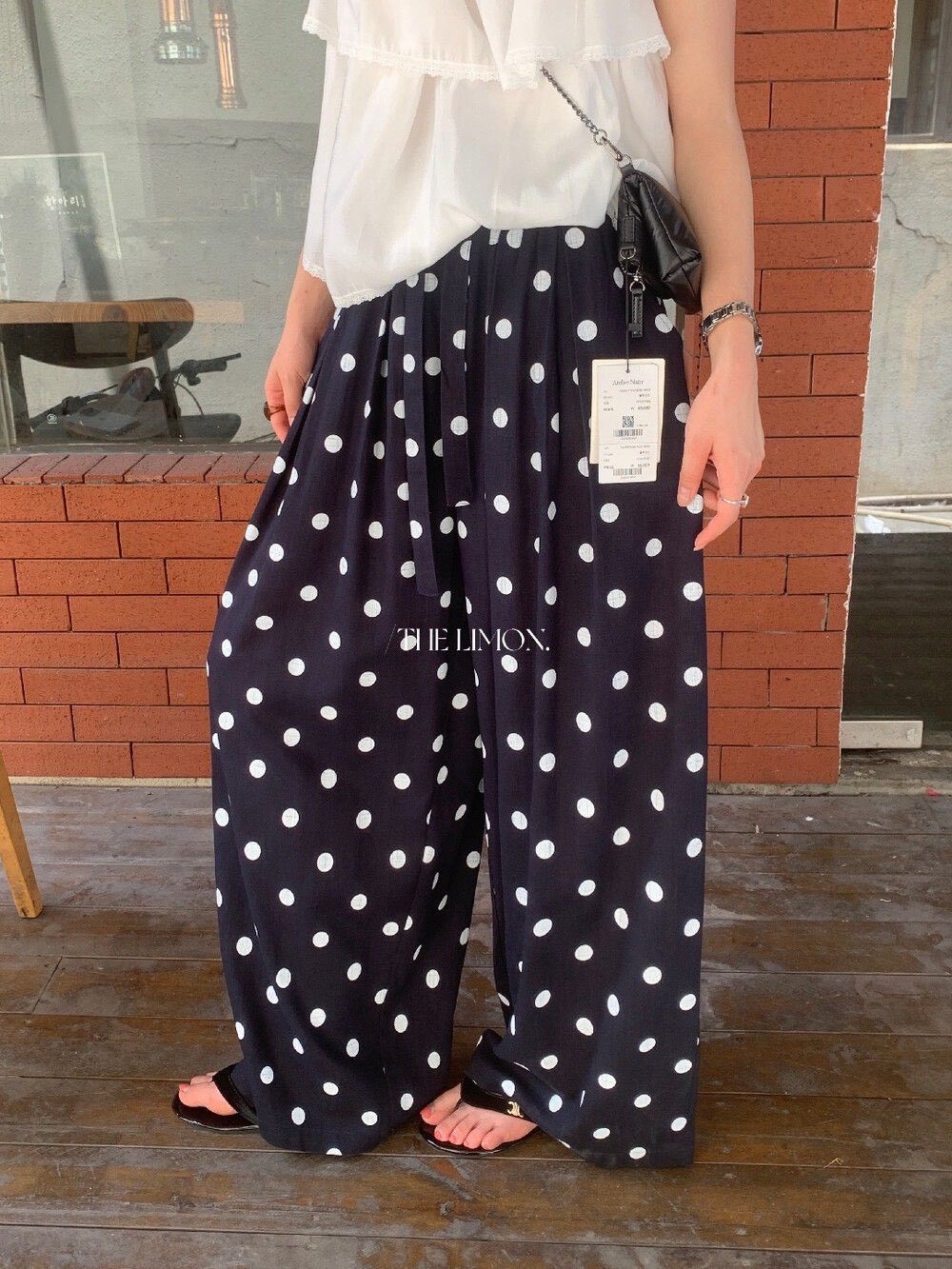 260605正版檸檬綠茶家復古洋氣波點亞麻寬鬆百搭休閒褲（含15%亞麻）