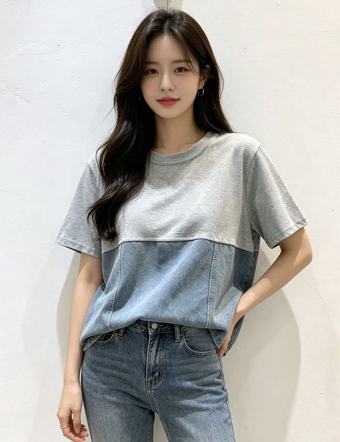260612時尚百搭牛仔簡約拼接設計上衣