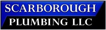 Scarborough Plumbing LLC logo, white text on a blue and black background.
