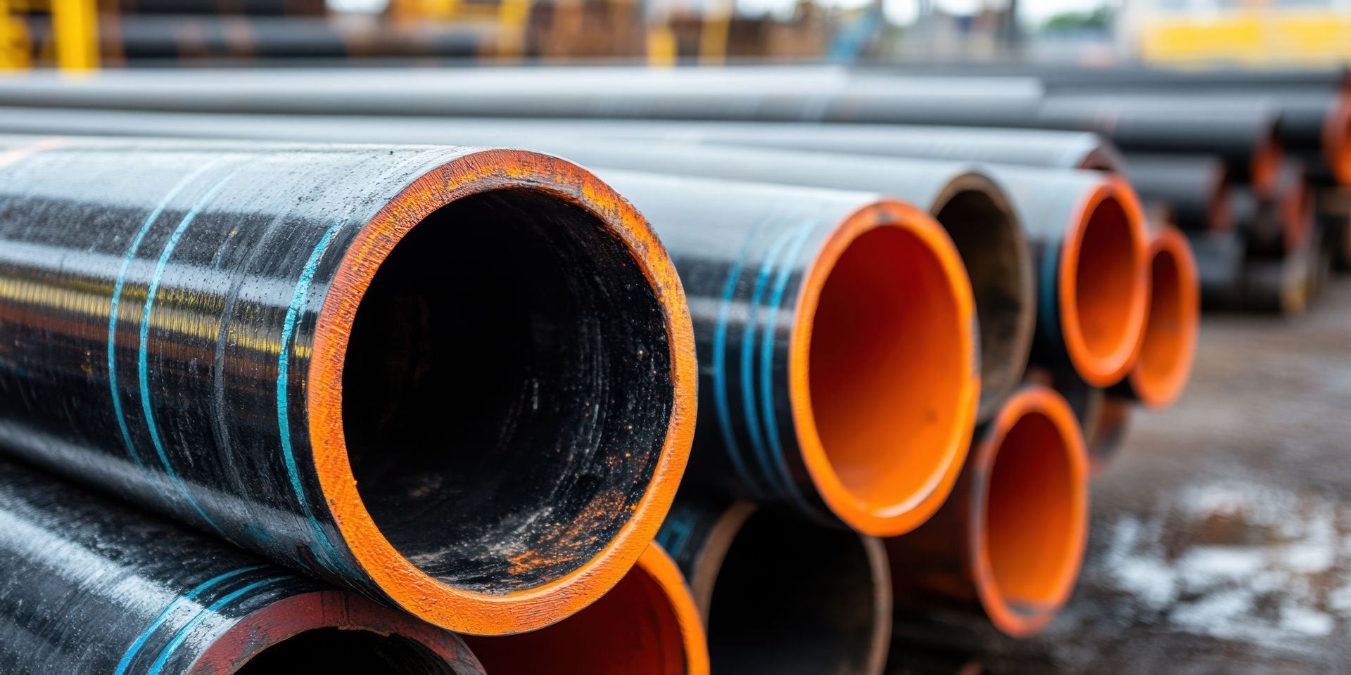 Steel pipes in assorted sizes are stacked in a construction yard.