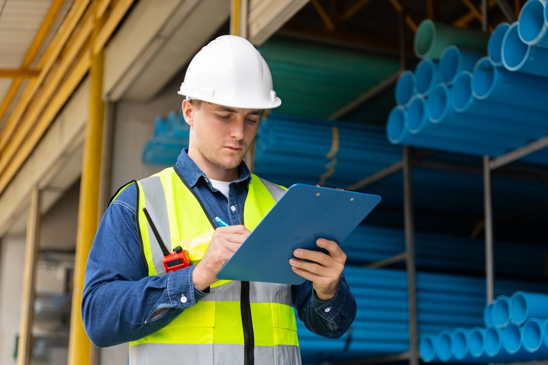 Construction inspector wearing safety gear checks and documents pipe materials.