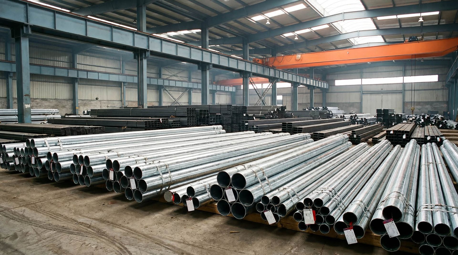 Large stacks of industrial steel pipes organized in a warehouse for a wholesale metal supplier. Large stacks of industrial steel pipes organized in a warehouse for a wholesale metal supplier.