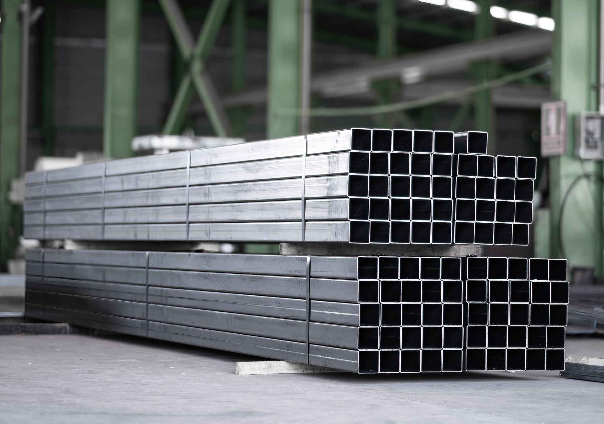 Stacked metal square tubes stored in large warehouse racks.