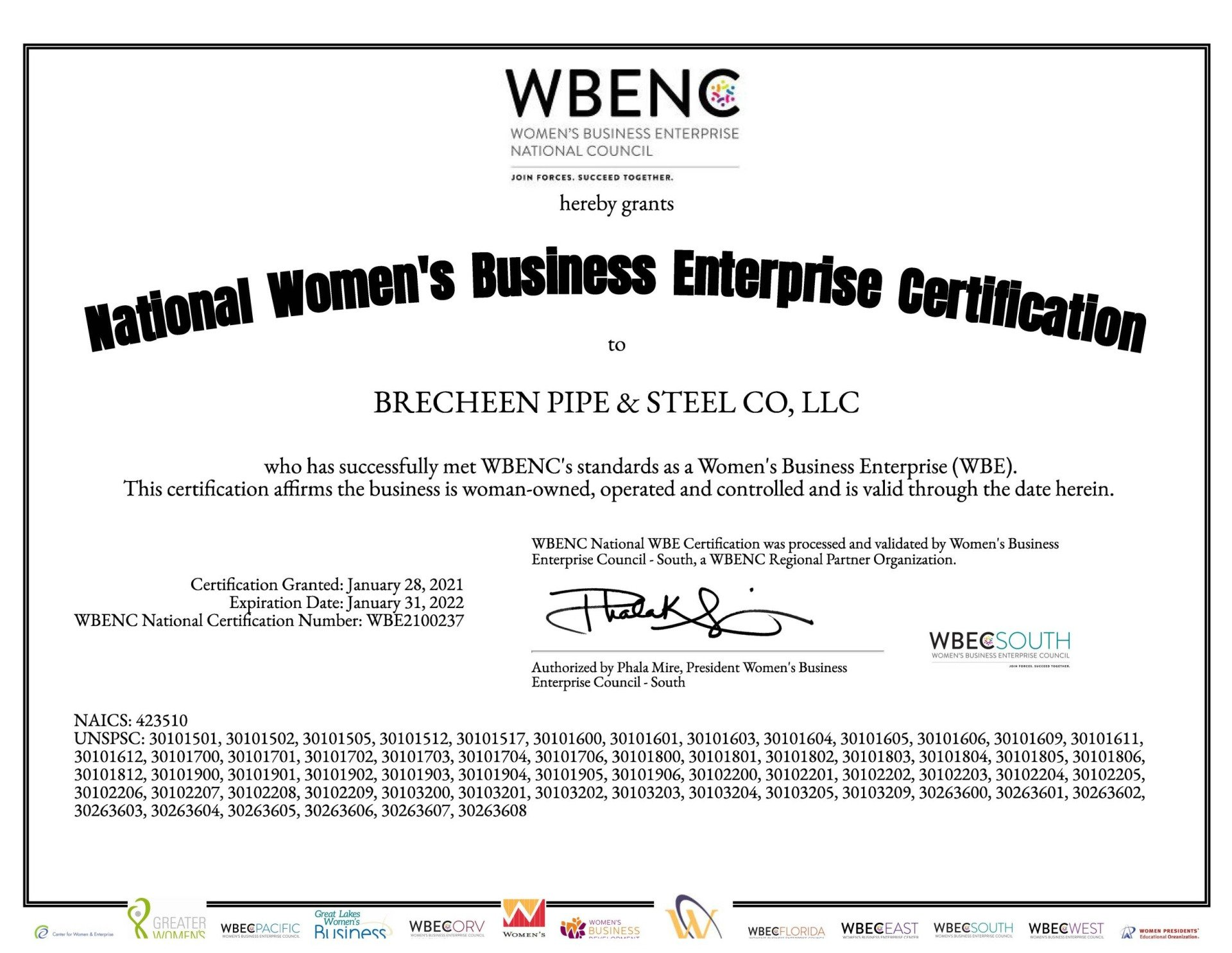 A certificate from the national women 's business enterprise certification.