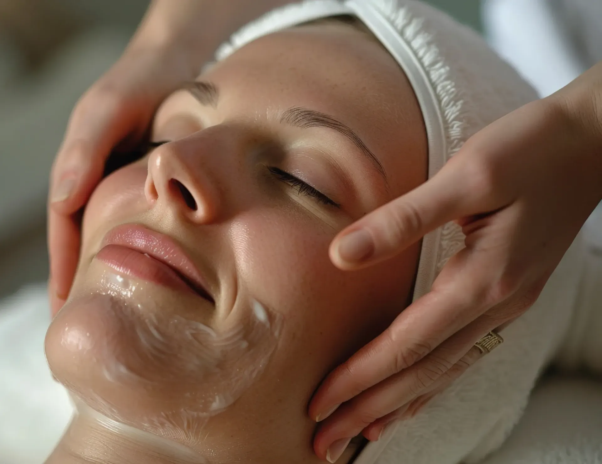 Aesthetician performing a gentle calming facial treatment for sensitive skin