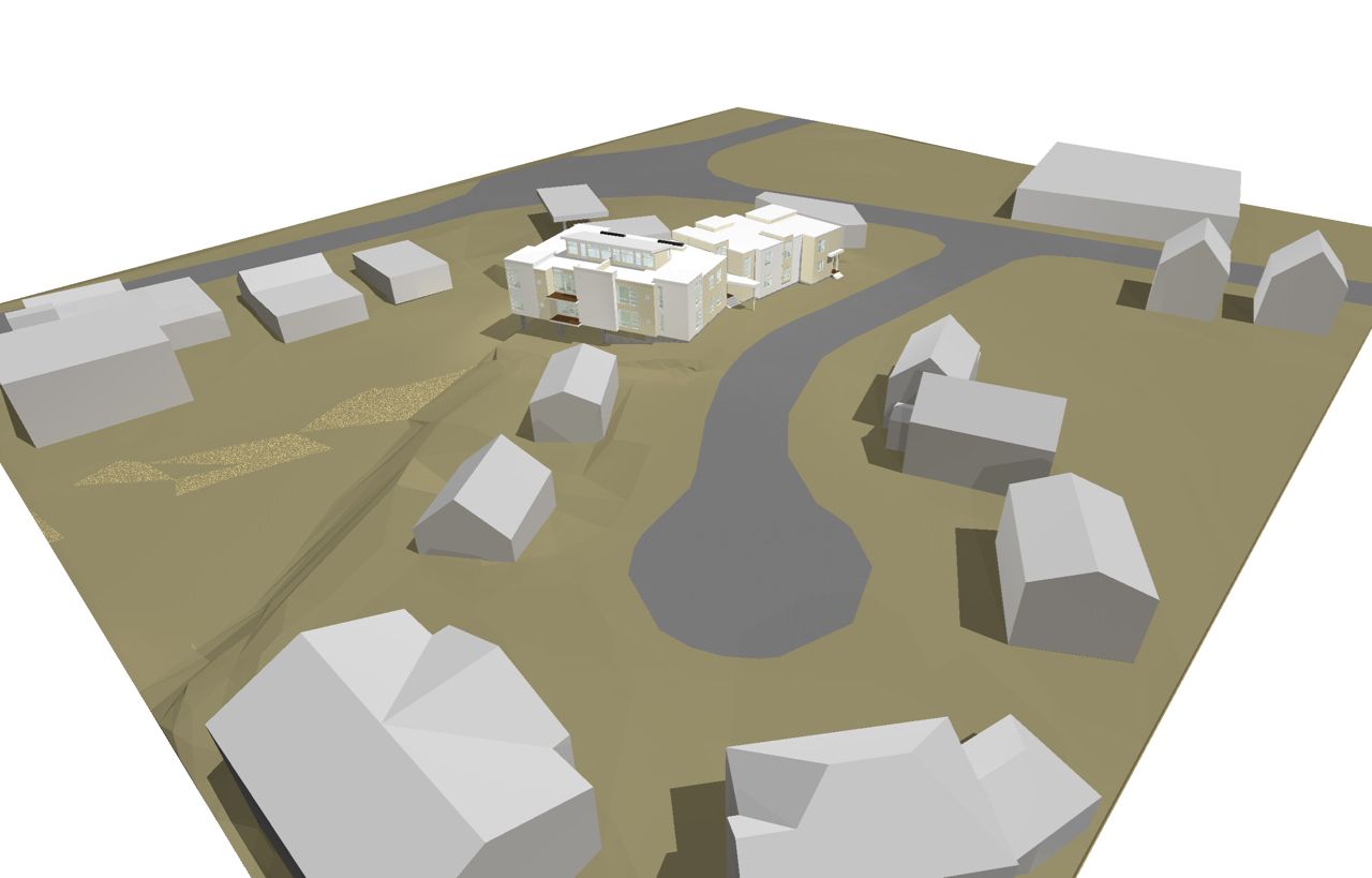 3D model of a building complex with surrounding houses and a winding road on a brown surface.