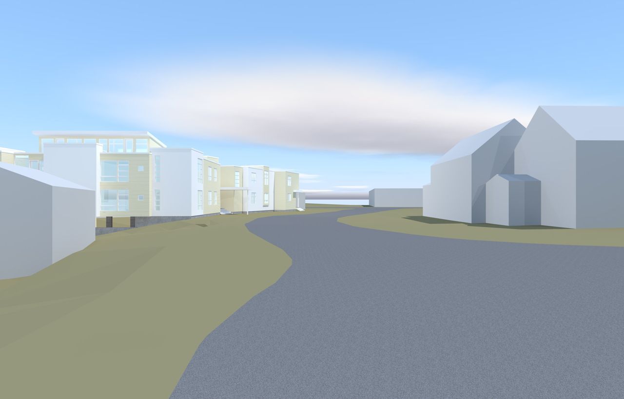 A low-angle view of a road winding through a light-colored, architectural rendering of buildings under a hazy sky.