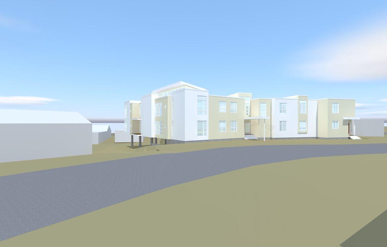 Architectural rendering of a light-colored building with a multi-level design.