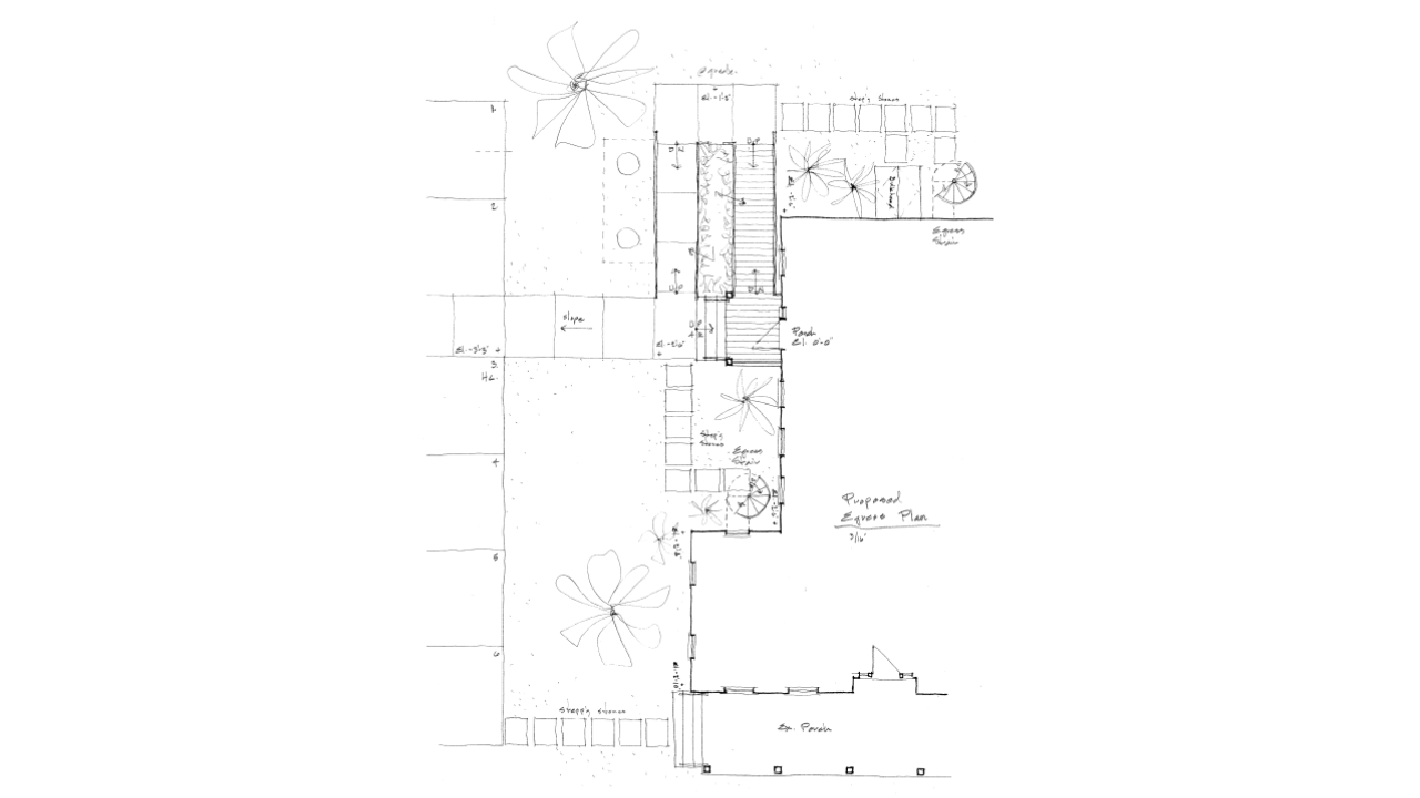 Architectural blueprint of a building plan with exterior details and room layouts.