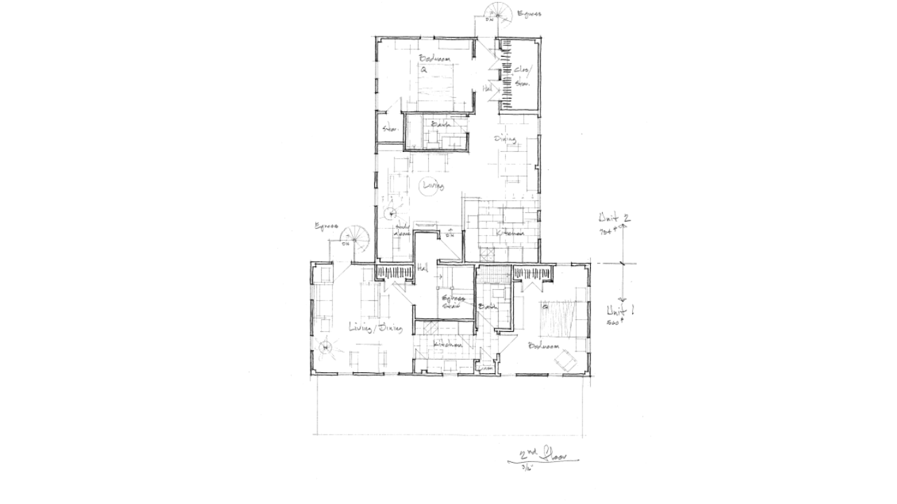 Architectural floor plan sketch, showing rooms, doors, and basic layout of a house.