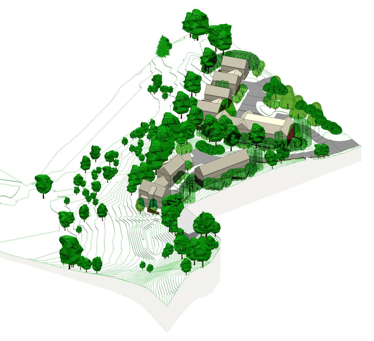 Bird's-eye view of several buildings nestled among trees on a hillside, with a road winding through.