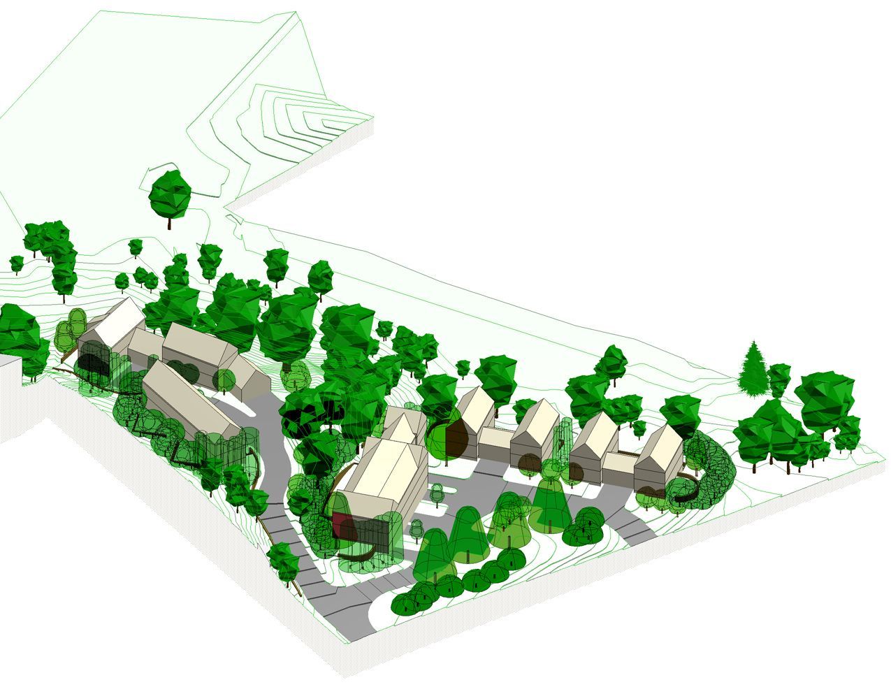 Bird's-eye view of a residential area with buildings and trees, shaded in green and light colors.