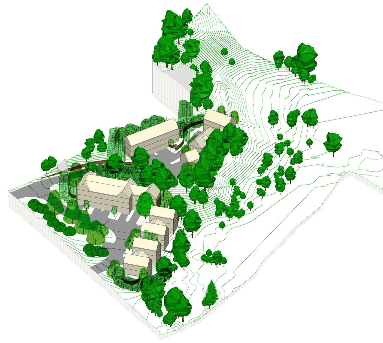 3D rendering of a building complex with surrounding trees on a sloped terrain.