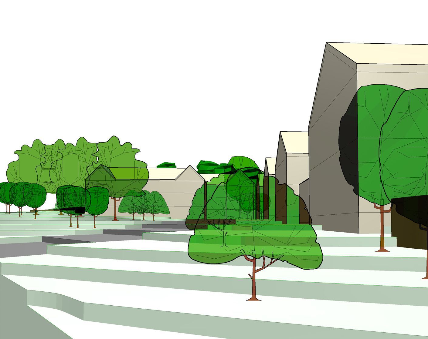 Stylized 3D rendering of buildings and trees in a park-like setting.