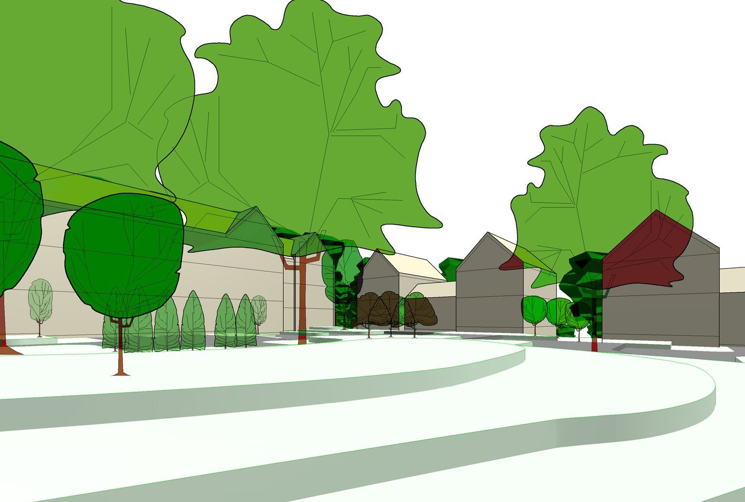 Cartoon of a park scene with trees, houses in the background, and curved steps in the foreground.