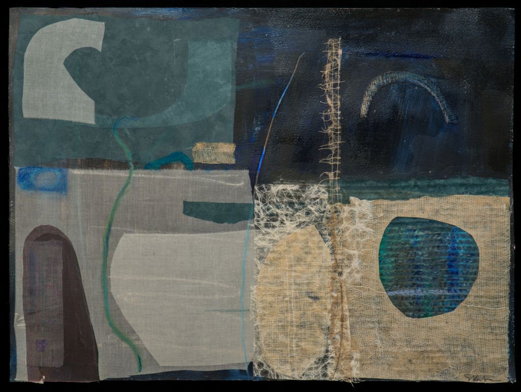 Abstract painting with shapes in blue, gray, and beige; a thin, vertical ladder element.