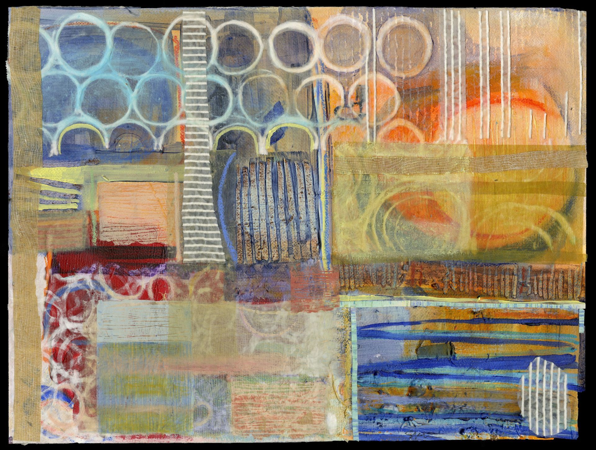 Abstract collage of various textures, shapes, and colors, including blue circles, vertical lines, and rectangles.