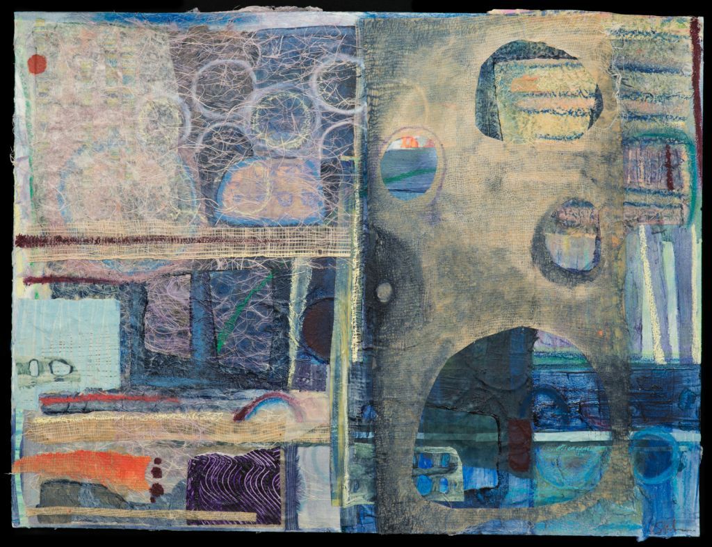 Abstract mixed-media artwork. Blues, grays, and oranges. Circular shapes and layered textures.