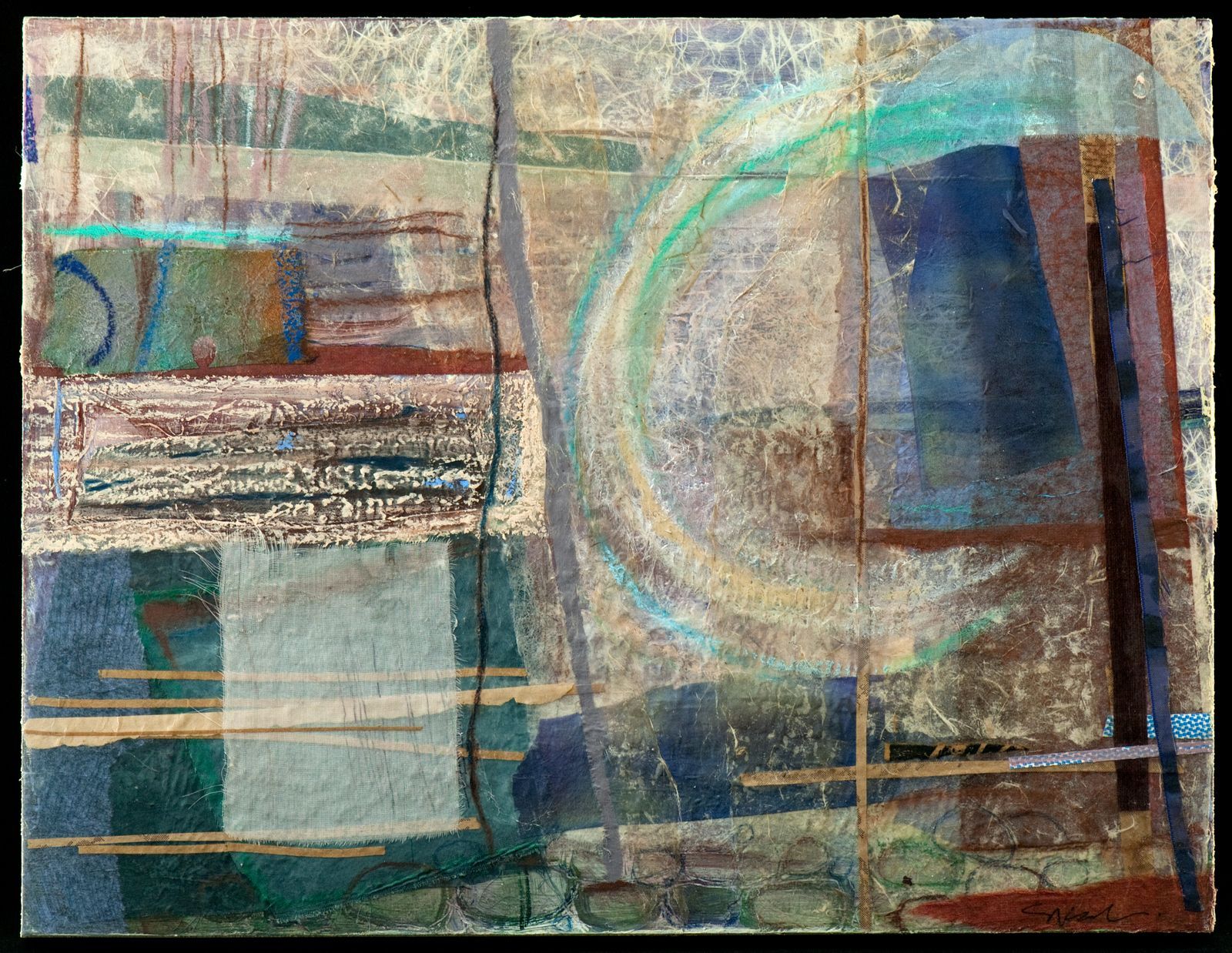 Abstract artwork. Earth-toned rectangular and square shapes with a turquoise spiral against a textured background.