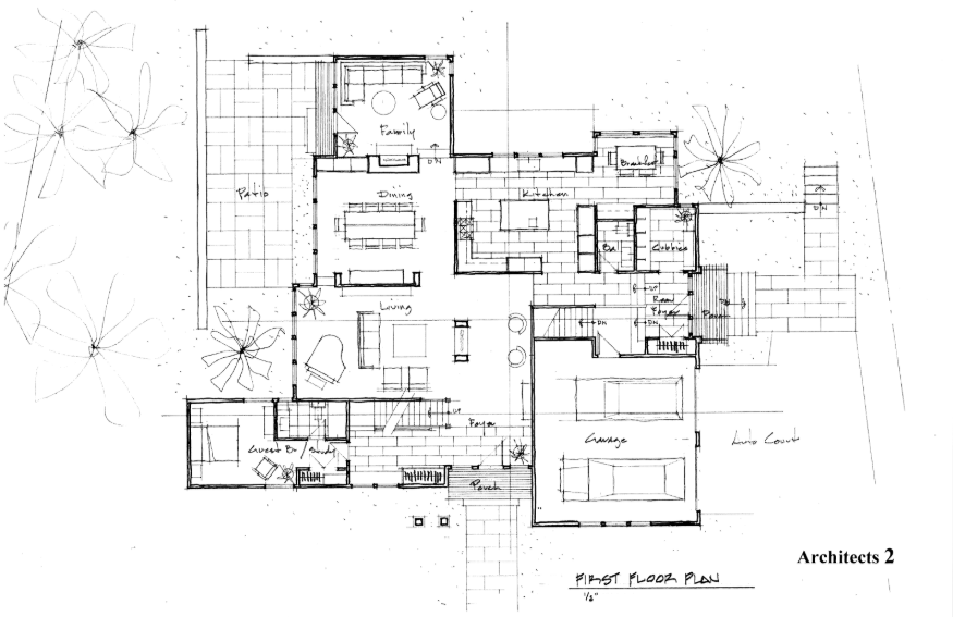 Architectural floor plan of a modern house; shows the layout of rooms, doors, and furniture.