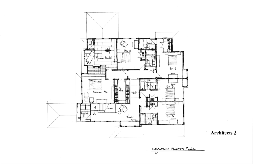 Architectural floor plan, showing rooms and layout of a two-story home, with labeled areas.