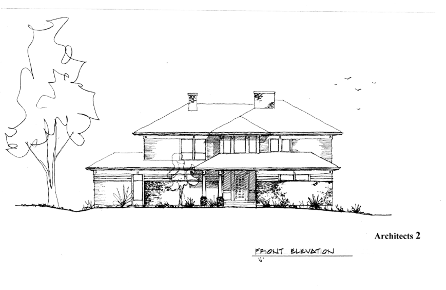 Architectural sketch of a two-story house with a front porch, shrubs, and a tree on the left.