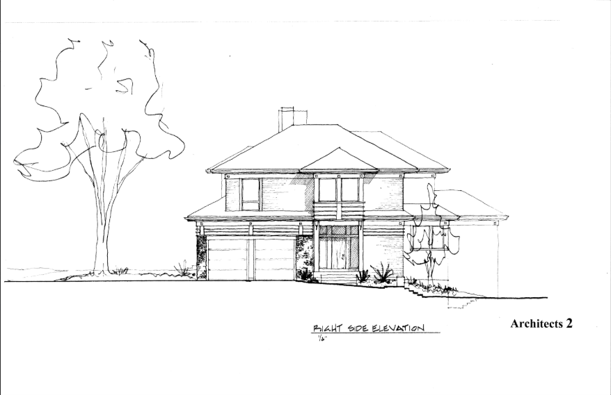 Sketch of a two-story house with a gabled roof and two garage doors; tree and shrubbery in front.