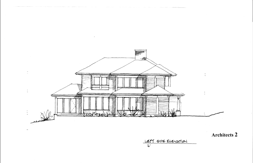Architectural sketch of a two-story house with a chimney and multiple windows.