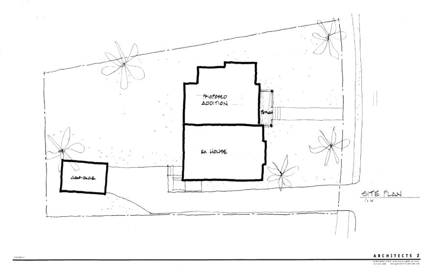 Site plan of a house with a garage and landscaping, labeled